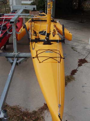 I rigged a tack line so that I could pull the tack of the jib out onto the foredeck prior to raising the sail.