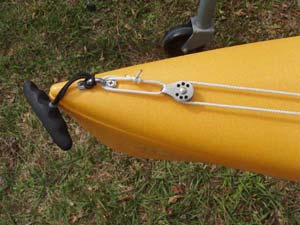At the bow, I just made a double loop of line through the bow eye and a small Harken block, tied back to itself with a sheet bend.