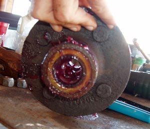 The inside of the wheel after the new race, new bearing, and soft seal have been put back in place. 