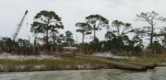 Pilings and crane show evidence of new construction.
