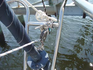 The mast raising system attached at the bow of the boat