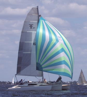 Our F-27 Trimaran flying its spinnaker during Race 6