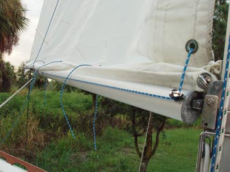 Tack reefed from starboard side showing clamcleat